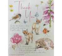 Cherry Orchard Urban Gardens Wildlife Thank You Card with Fox, Hedgehog, Birds, Butterflies, Garden Flowers Design, Blank Inside