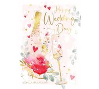Cherry Orchard - Wedding Day Card - Large Size | Congratulations on Your Wedding Day | Gorgeous Floral Champagne Bottle & Glass | Gold Foil Hearts | Luxury Insert