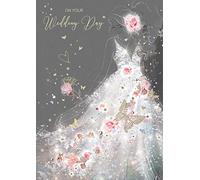Cherry Orchard 'Wedding Day' Greeting Card - White Dress With Roses And Butterflies - From The Grace Range - Flittered With A Gold Foil Finish