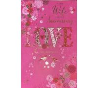Cherry Orchard Wife Anniversary Card, Pink Floral Design with Gold Foil Love Text, Decorative Birds and Roses, Romantic Verse Inside