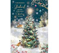 Cherry Orchard 'WONDERFUL HUSBAND' Christmas card, Snowy Christmas tree design, finished with gold foil text and detail, comes complete with envelope