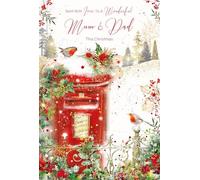 Cherry Orchard 'Wonderful Mum & Dad' Luxury Christmas card, from Traditional christmas card design with Red Pillar Post Box and Little Robins, comes complete with envelope