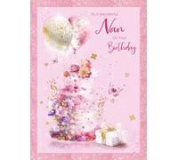 Cherry Orchard, Wonderful Nan Birthday Card, Beautiful Pink design with Birthday cake & Balloons, Pink Foil Border finish
