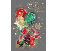 Cherry Orchard 'Wonderful Nephew' Christmas card, Artistic design with Balloons &Gifts, Gold foil finish, comes complete with Gold envelope.