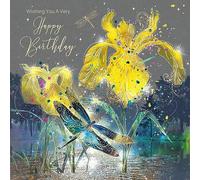 Cherry Orchard Yellow Iris Happy Birthday Card with Gold Foil Detailing and Gold Envelope Grace Range from