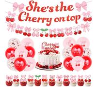 Cherry Party Decorations Set, She's The Cherry On Top Banner, Cake Toppers, Cherry Balloons ,Summer Fruit Cherries Party Supplies for Girls Birthday, Baby Shower, Wedding & Bachelorette