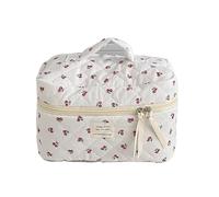 Cherry Pattern Makeup Bag,Travel Cosmetic Bag,Floral Cotton Quilted Toiletry Bag,Portable Cosmetic Storage Pouch for Women