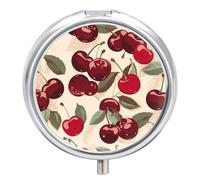 Cherry Pattern Round Pill Box with Mirror 3 Compartment Portable Pill Case for Travel Outdoor Use Cute Small Pill Organizer for Pocket Or Purse
