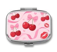 Cherry Pink Bow with Red Lips pilldispenser with Mirror 2 Compartments Waterproof PillCase for Purse Pocket Non-Slip Grip Travel Medicine Organizer Container Box for Vitamin Fish Oil Supplement