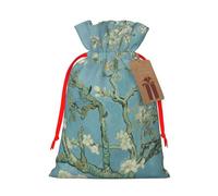Cherry Plum Flowers Printed Christmas Drawstring Bags with Red Ribbon - Reusable Burlap Drawstring Gift Pouches, S