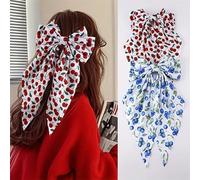 Cherry Print Double Layer Ribbon Bow Hair Clips with Spring Clamp 8pcs - Blueberry & Grape Tie Dye Fabric Long Flowing Ribbon Hair Accessories for Girls & Women Bullet Points: (cherry 2)