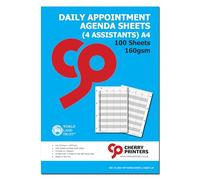 Cherry Printers Daily Appointment Agenda Sheets | A4 4 Column Salon Assistant Schedule | 100 Double-Sided Pages | 160gsm Thick Paper | Hole Punched for Binders | Time Slot Diary for Clinics & Beauty