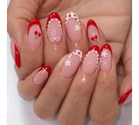 Cherry Red French Tip Press On Nails With Floral Bow & Polka Dot Designs - 24PCS Almond Shaped Artificial Nails Glossy Finish For Women Party Daily Wear Cute Mix & Match Set