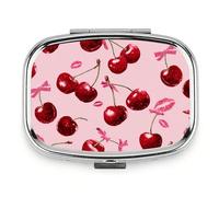 Cherry Red Lip Pill Box 2-Compartment Small Pill Case Square Organizer Case with Mirror Portable Metal Medicine Box Travel Container for Women Men
