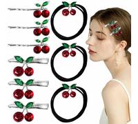 Cherry-Shaped Hair Clips & Hair Ties, Metal Duckbill/Crocodile Clips, Non-Slip, Crystal Embellishments - Cute Fruit Hair Accessories