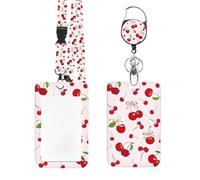 Cherry Sliding Badge Holder Plastic Card Holder with Retractable Badge Reel Lanyard Vertical ID Badge Holder Men Women Adjustable ID Protector Badge for Office Worker Teacher Student (Cherry)