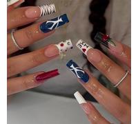 Cherry Square Press On Nails with Blue White French Stripe Rhinestone Details - Cute Cartoon Style ABS Material False Nails for Women Girls Party Daily Wear Long Almond Shape
