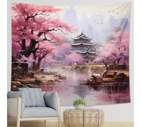 cherry Temple tapestry Landscape painting lake chinese traditional Blossom vintage pink polyester soft yoga girls club adults bedroom college dorm club decor big wall tapestry outdoor 80x60inch