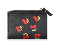 Cherry Wallets For Women, Leather Bifold Cute Wallet With Zipper Short Cherry Embroidery Trend Ladies Small Wallets Coin Pocket Wallets Black Cherry Card Holder Id Window For Women Ladies Female