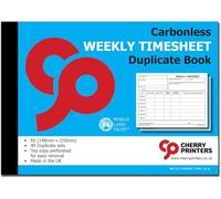 Cherry Weekly Timesheet 2pt Book A5 S+L | 40 Carbonless Duplicate Sets | Perforated Top Copy for Easy Removal | Record Working Hours Overtime & Tasks | Businesses Contractors & Freelancers **8 Pack**