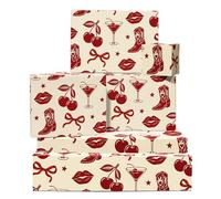 Cherry Wrapping Paper - 6 Sheets Gift Wrap for Women or Friends - Birthday Bachelorette Party Bridal Shower Cowboy Theme - Red Cherries Boots Lips and Cocktails - Comes with Tags by Central 23