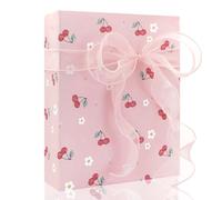 Cherry Wrapping Paper, Red Cherries And White Floral in Pink Gift Wrap Paper for Mother's Day, Birthday, Baby Shower, Hawaii Theme Party, Aloha Luau Pool Party, 4 Sheets Folded Flat 50x70 cm