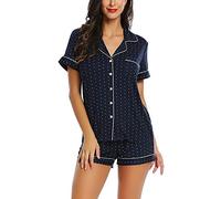 Cherrydew Women Bamboo Viscose Super Soft Comfy Summer Cooling Short Sleeve Button Down Pajama Shorts Set S-XXL, Navy Polka Dot, M
