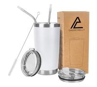 CherryKelly 20oz (550ml) Insulated Travel Tumbler Mug Stainless Steel Vacuum Coffee Cup with 2 Leak-Proof Lids & Straws, BPA-Free, Hot & Cold, Commute, Gym, Office - White