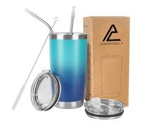 CherryKelly 20oz (550ml) Insulated Travel Tumbler Mug Stainless Steel Vacuum Coffee Cup with 2 Leak-Proof Lids & Straws, BPA-Free, Hot & Cold, Commute, Gym, Office - Turquoise&Blue