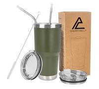 CherryKelly 30oz (850ml) Insulated Travel Tumbler Mug Stainless Steel Vacuum Coffee Cup with 2 Leak-Proof Lids & Straws, BPA-Free, Hot & Cold, Commute, Gym, Office - Army Green