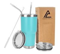 CherryKelly 30oz (850ml) Insulated Travel Tumbler Mug Stainless Steel Vacuum Coffee Cup with 2 Leak-Proof Lids & Straws, BPA-Free, Hot & Cold, Commute, Gym, Office - Turquoise