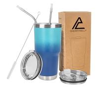 CherryKelly 30oz (850ml) Insulated Travel Tumbler Mug Stainless Steel Vacuum Coffee Cup with 2 Leak-Proof Lids & Straws, BPA-Free, Hot & Cold, Commute, Gym, Office - Turquoise&Blue