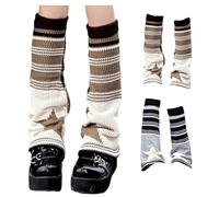 CHERSE Womens Leg Socks Stripe Star Retro Knit Y2K Leg Warmers Vintage High Knee Warmer Socks 80s Outfit for Women, Grey+brown, Standard