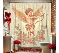 Cherub and Roses Shower Curtain, Classic Peach and Beige Floral Bathroom Decor for Valentine's Day, Vintage Love god Design, Elegant Waterproof Fabric Shower Curtain Set with Hooks 62x72 Inch