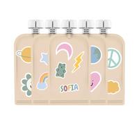 Cherub Baby Reusable Baby Food Pouches 5PK 150ml 5oz +130 Picture & Letter Stickers Permanent, Non-Spill, BPA-Free Leak Proof Yoghurt Smoothie Puree Snack Storage for Toddlers -RetroRainbow
