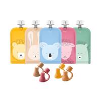 Cherub Baby Reusable Food Pouches & Soft Spouts Bundle | 5-Pack 150ml Animal Print Squeeze Bags & 4 Attach-On Silicone Spouts with Travel Cases | Leakproof, BPA-Free Weaning & Toddler Snack Kit