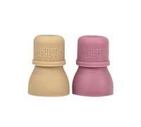 Cherub Baby Silicone Reusable Baby Food Pouch Topper Attachment Soft Non-Spill Spouts 2PK with Travel Case (Dusty Rose/Sand)