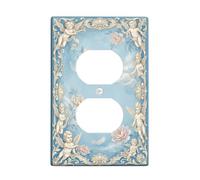 Cherub Duplex Outlet Covers Wall Plate, Baroque Romantic Rose Cloud Spring Skyline Blue Plastic Standard Size Double Power Outlet Cover Plate for Bedroom Bathroom Kitchen Entrance Decor