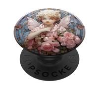 Cherub Pink Flowers Roses Stained Glass Mosaic Style PopSockets Swappable PopGrip