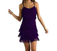 Cheryl Creations Women's Short All-Over Fringe Flapper Sleeveless Comfortable Day/Night Mini Dress with Adjustable Bra Straps - Purple -