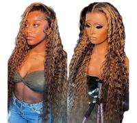 Chesma 30inch Highlight Ombre Lace Front Wig Human Hair 13x4 HD Honey Blonde 4/27 Deep Wave Lace Frontal Wigs Glueless Wigs Human Hair Pre Plucked with Baby Hair 180 Density