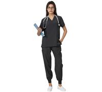 Chesoon Black Scrubs Medical Nursing Uniform Set V-Neck Top and Drawstring Pants with Pockets Quick-Drying Anti-Wrinkle for Beauty Center