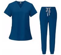Chesoon Blue Scrubs Medical Nursing Uniform Set V-Neck Top and Drawstring Pants with Pockets Quick-Drying Anti-Wrinkle for Beauty Center