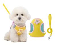Chesoon Dog Harness Leash Set Floral Breathable Mesh No Choke Adjustable Escape Proof Lightweight for Dogs Yellow M 6.6-9.9lb / 3-4.5kg