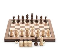 Chess 15 Inch Walnut Handcrafted Chess Checkers Wood Set With 2 Extra Queens,2 In 1 Board Game With Felt Game Board Inside For Storage Chessboard