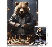 Chess Bear Playing Puzzles for Teenagers 1000 Piece Educational Mental Focus Game Heartwarming Special Present Idea Size 50x75cm