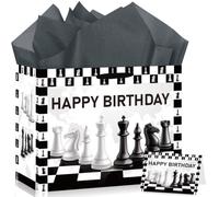 Chess Birthday Gift Bag with Tissue Paper and Card, Happy Birthday Chess Paper Gift Bag for Chess Player Men Women, Black White Checkerboard Gift Wrapping Bag for Board Game Theme Birthday Gifts