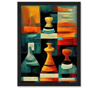 Chess Board And Pieces Modern Abstract Oil Artwork Framed Wall Art Print A4 Artery8 Black One Size