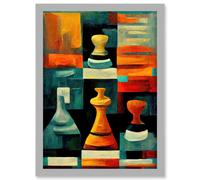 Chess Board And Pieces Modern Abstract Oil Artwork Framed Wall Art Print A4 Artery8 Light Grey One Size