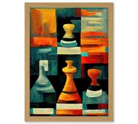 Chess Board And Pieces Modern Abstract Oil Artwork Framed Wall Art Print A4 Artery8 Light Oak One Size